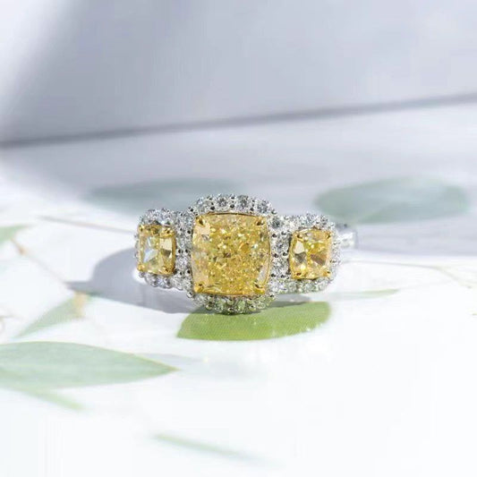 Fancy Yellow Cushion Three-Stone Halo Lab-Grown Diamond Ring